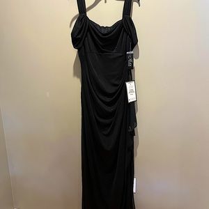 Long Mesh Cold Shoulder Gown With Side Ruffle Skirt